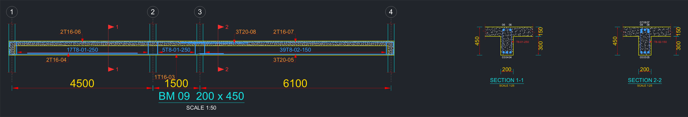 Reinforcement elevation for a 200 × 450 beam — bar callouts, section marks, span dimensions, drawn at 1:50.