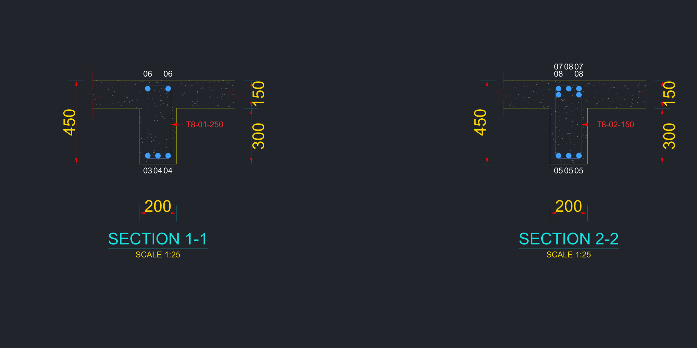 Cross-sections through a reinforced concrete beam showing link arrangement, layer positions and bar marks.