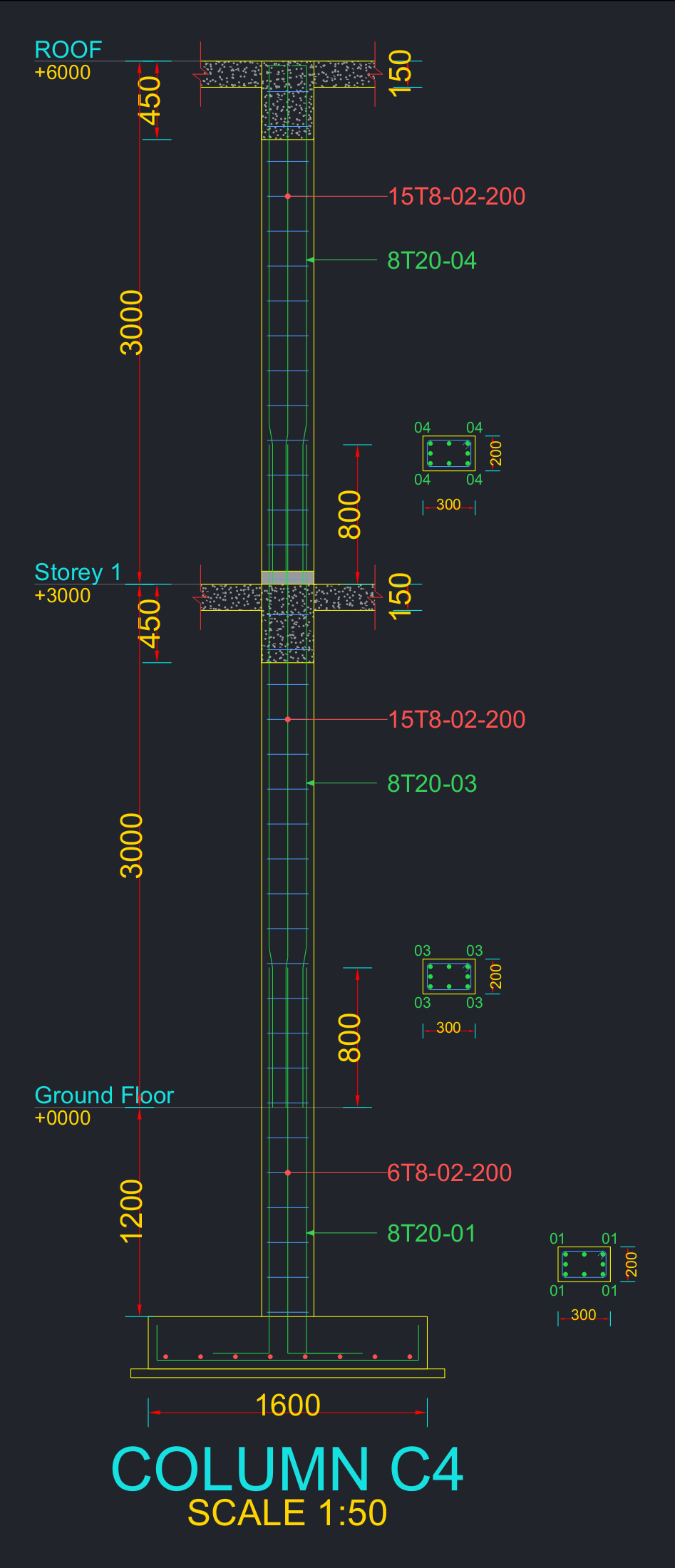 Column C4 detailed from foundation to roof, showing lap positions, link spacing and a section at every storey.