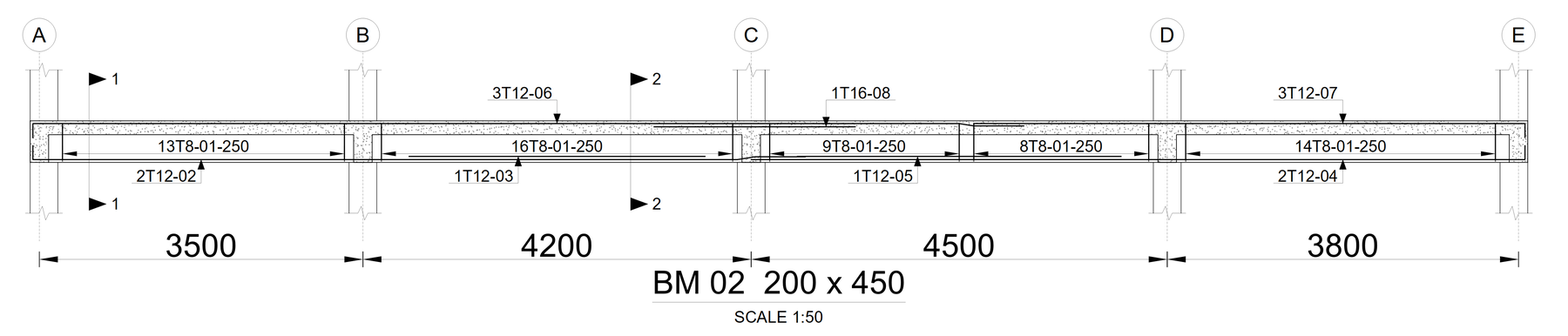 Reinforcement elevation for beam BM 02, 200 × 450, running across grids A to E: top and bottom bar callouts with marks, link counts and spacing along each span, section marks, span dimensions of 3500, 4200, 4500 and 3800, drawn at 1:50.
