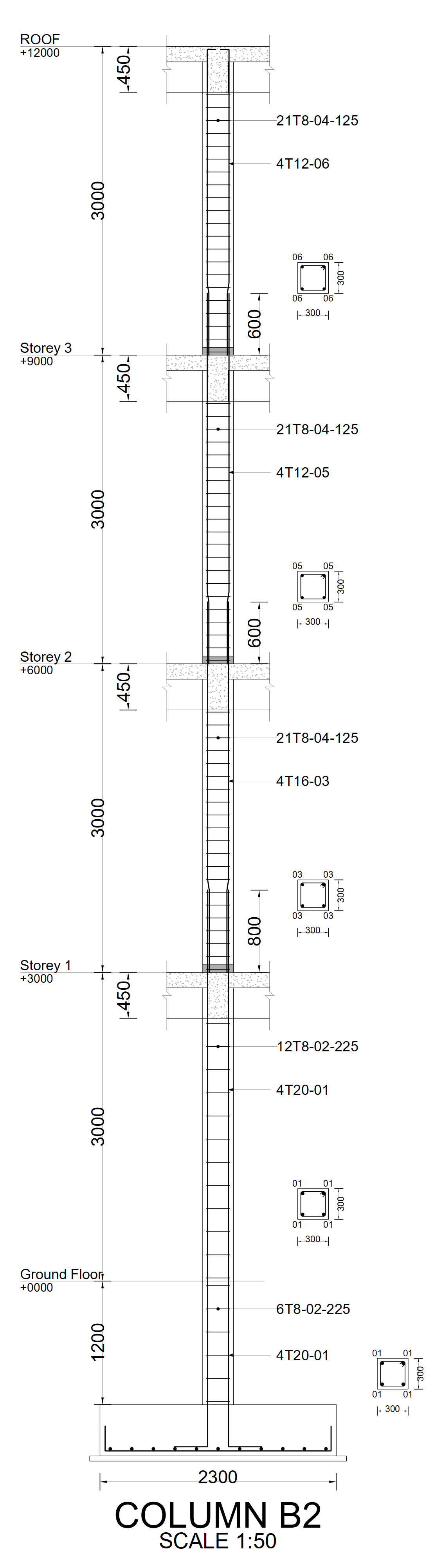 Reinforcement elevation for column B2 at 1:50, from the pad foundation through four storeys to a roof at +12000: main bars and link spacing called up for each lift, lap lengths dimensioned above each floor, storey levels labelled, and a cross-section shown alongside every lift.