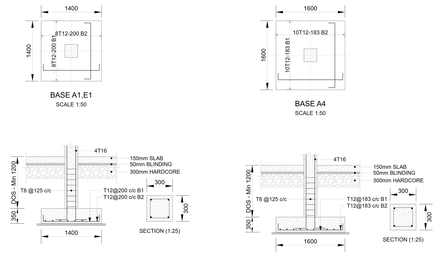 Pad foundation details for bases A1, E1 and A4: plans at 1:50 with the bottom mat in both directions, and a section through each showing the column starters, links, blinding, hardcore and ground slab.