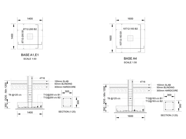 Pad foundation plans and sections with reinforcement