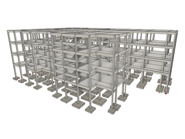 A four-storey reinforced concrete building modelled in Lunia: grids, columns, beams, slabs, a stair core and pad footings