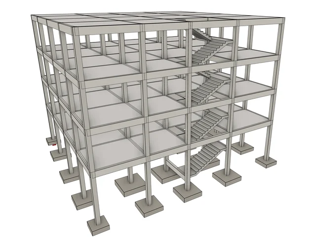 Four-storey reinforced concrete frame with stair and pad footings