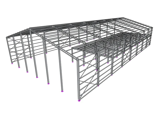 Steel portal frame building with purlins, side rails, bracing and a mezzanine