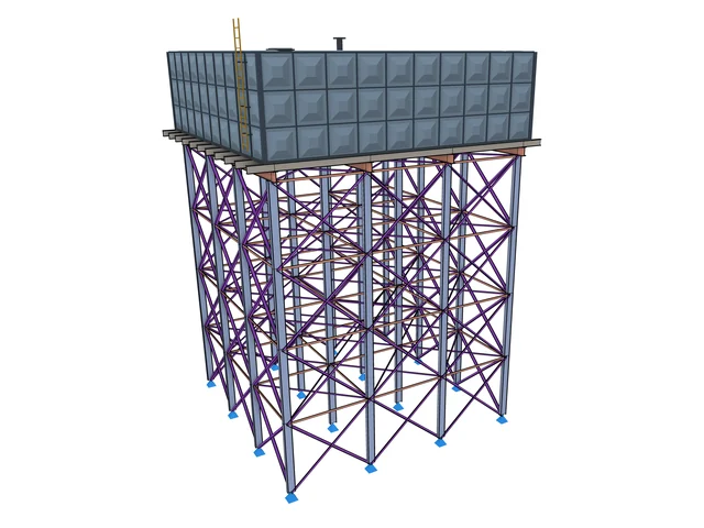 Braced steel tower carrying a sectional panel water tank
