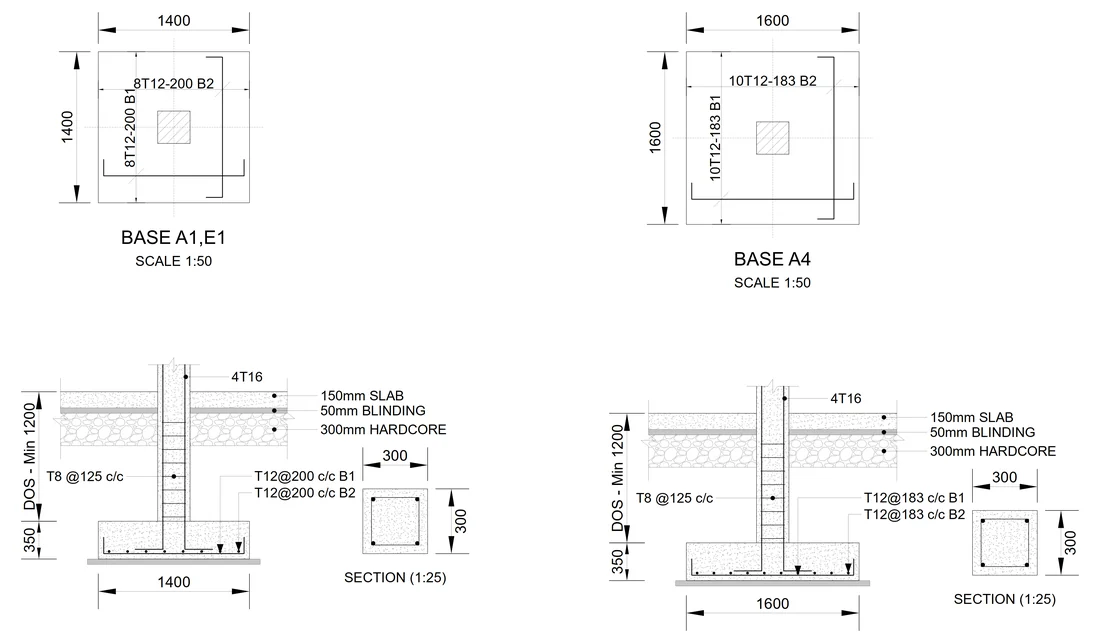 Pad foundation plans and sections produced by LTS.