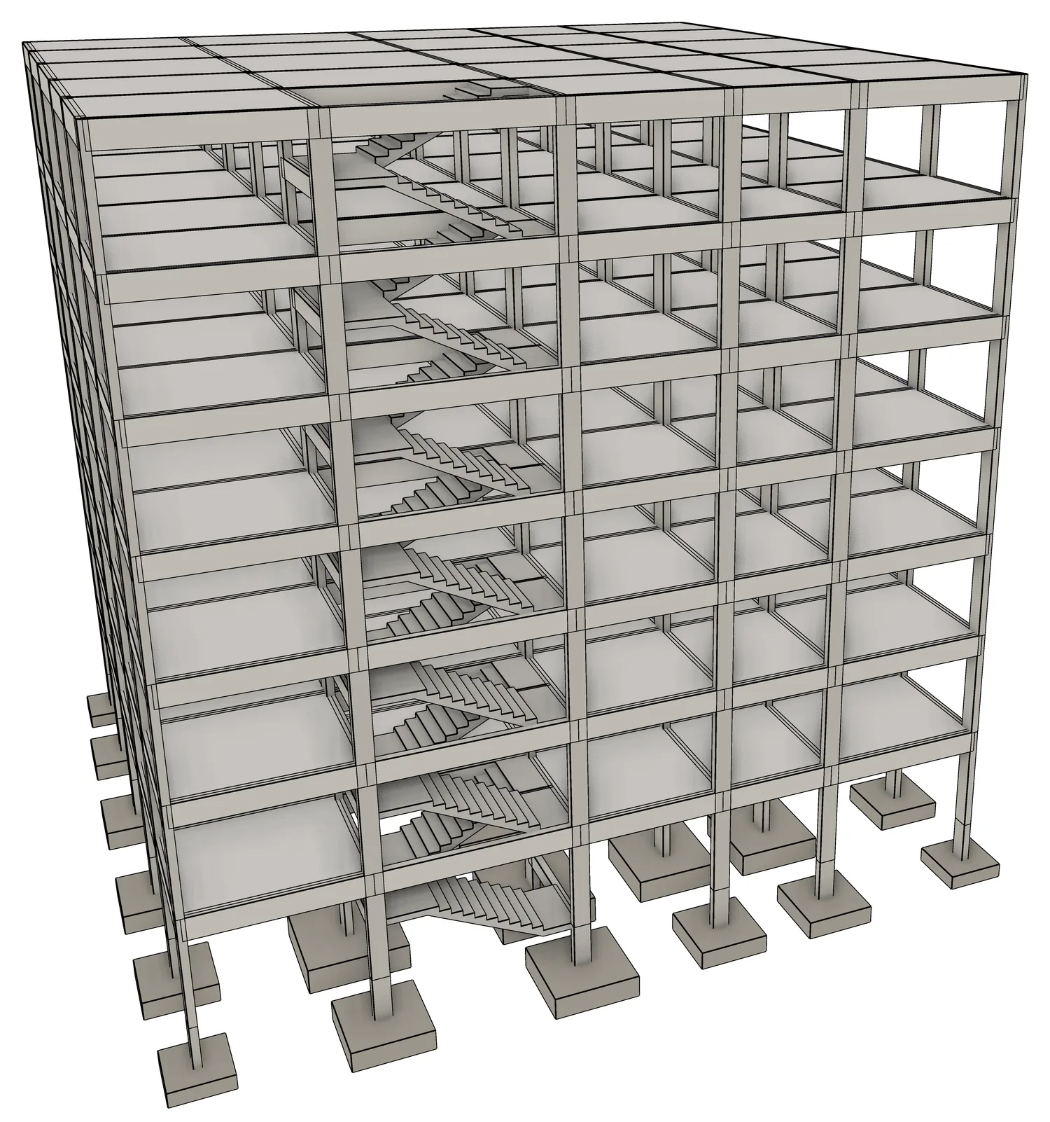 A multi-storey reinforced concrete building modelled in LTS: columns, beams, slabs, a dog-leg stair rising through every floor, and pad footings.