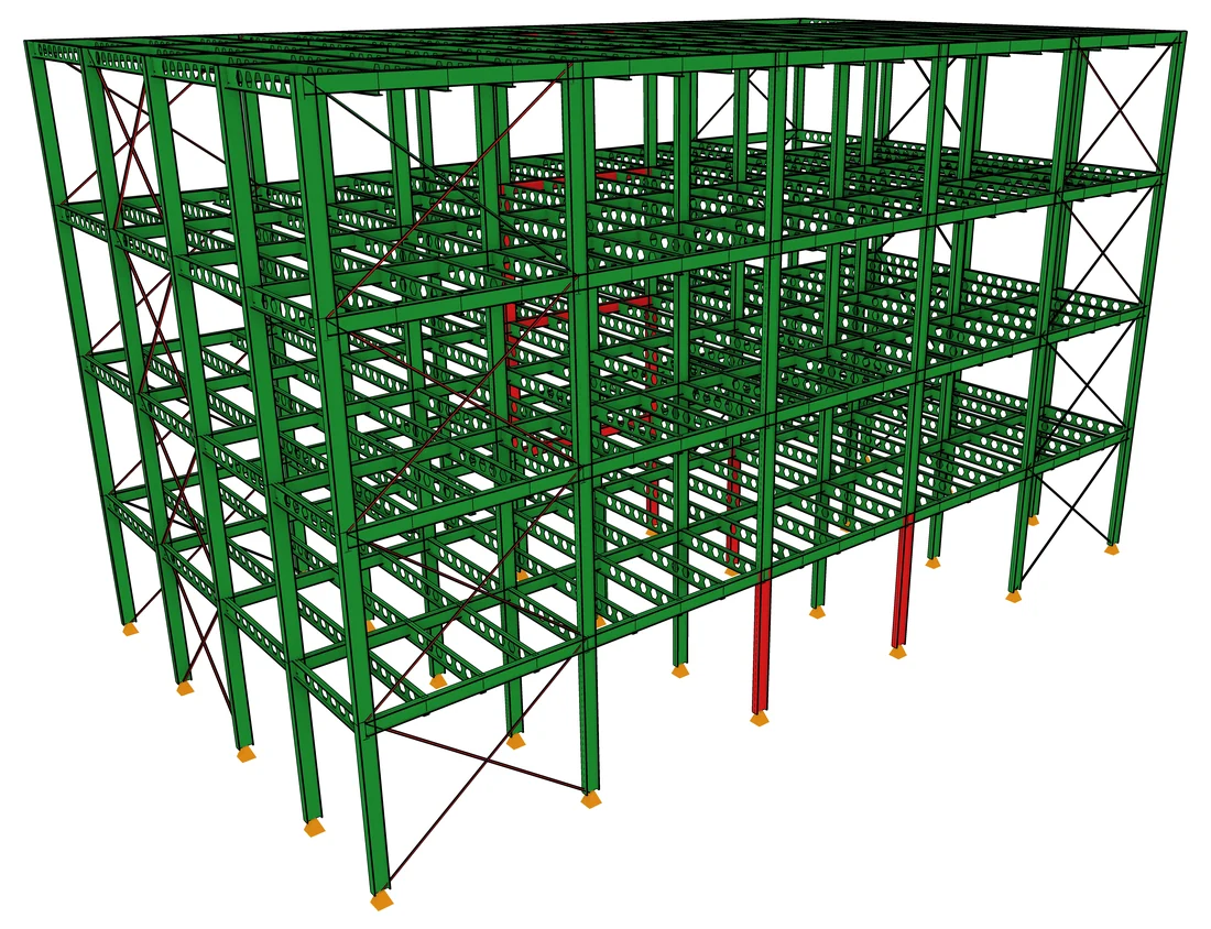 A steel frame checked in LTS: green passes, red fails.