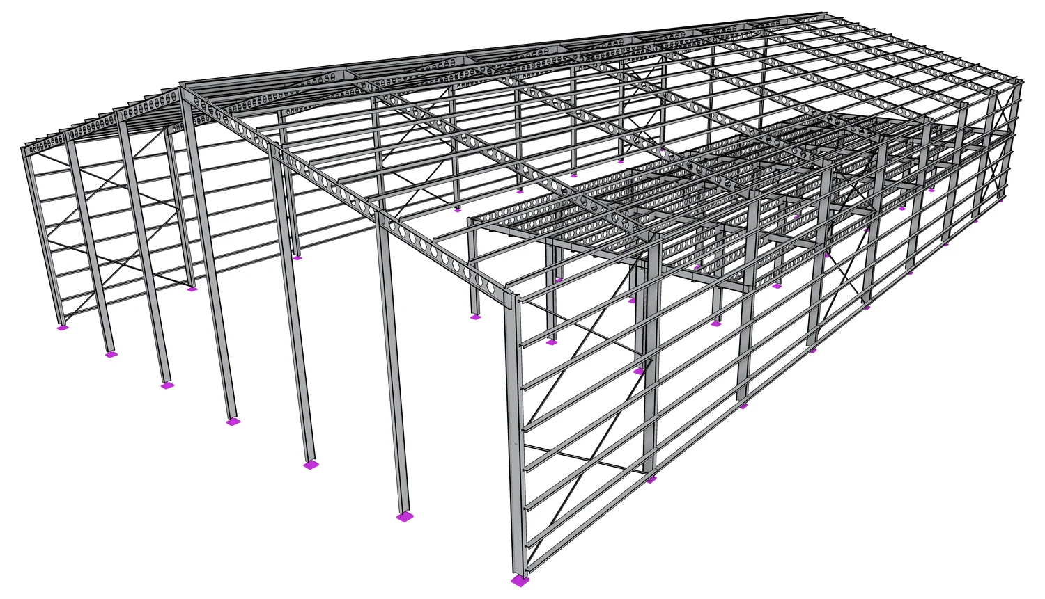 A steel portal frame building modelled in LTS, with purlins, side rails, bracing and a mezzanine.