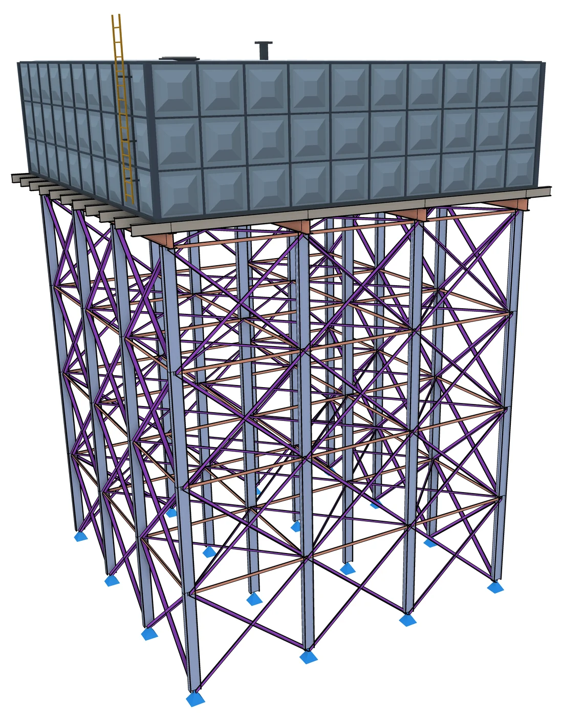 A braced steel tower in LTS carrying a sectional panel water tank on a platform.